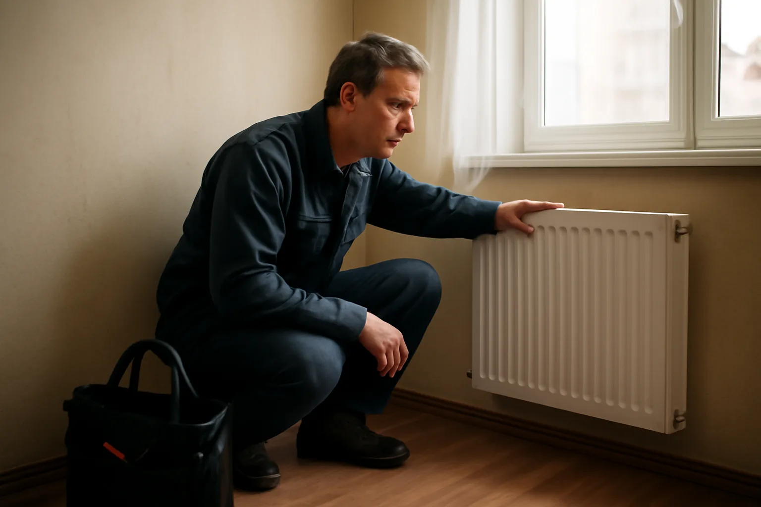 Landlord inspecting a radiator during a rental unit repair check