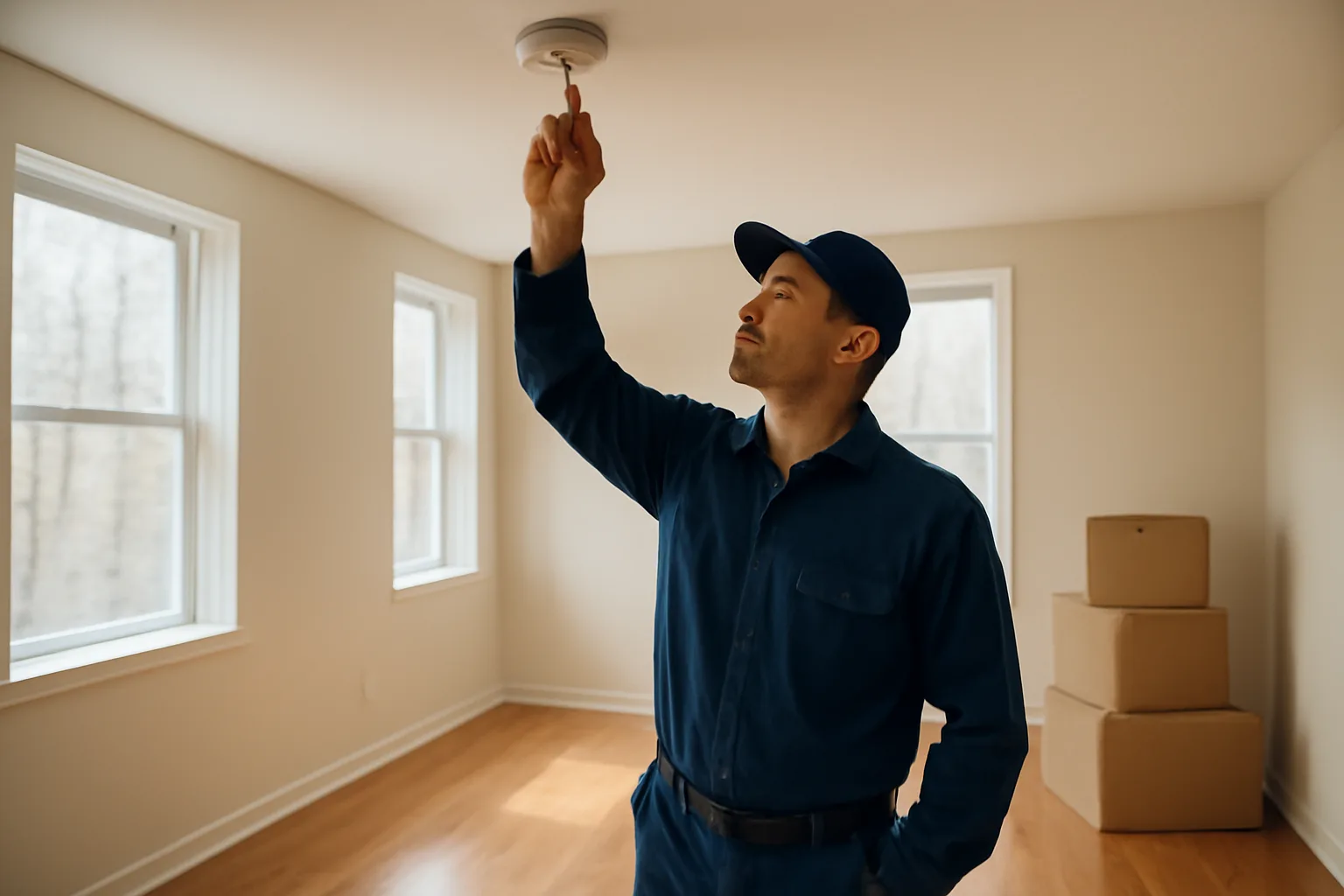 Landlord inspecting a smoke detector in an empty sunlit rental apartment