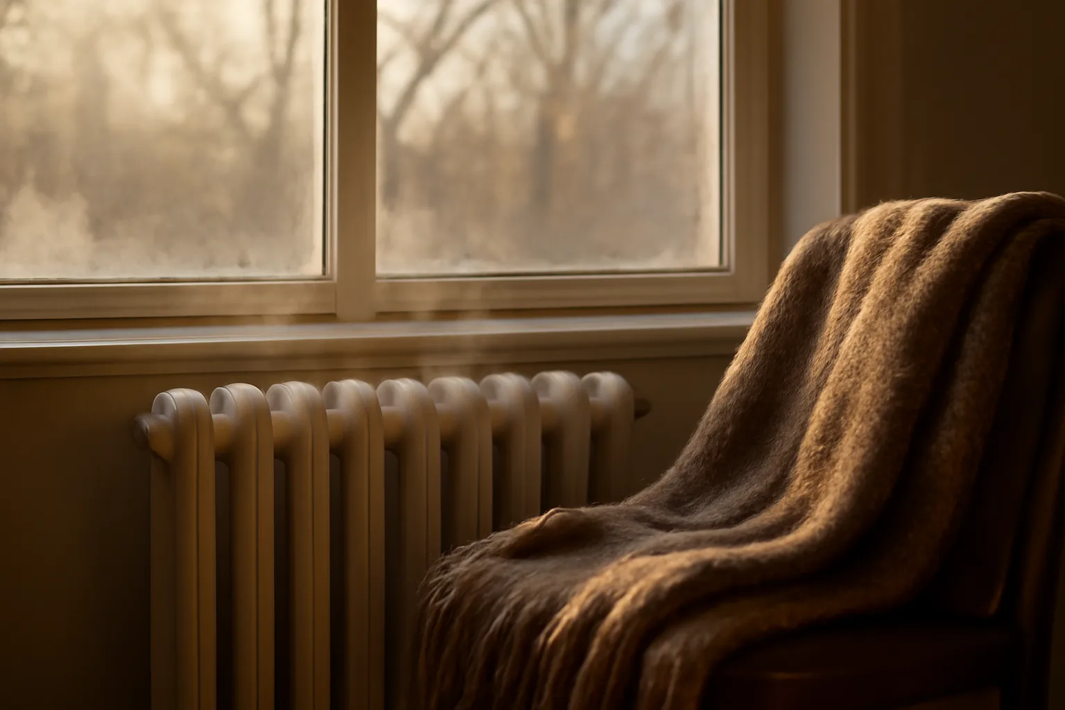 Steam radiator by a frosted window showing when landlords must turn on heat