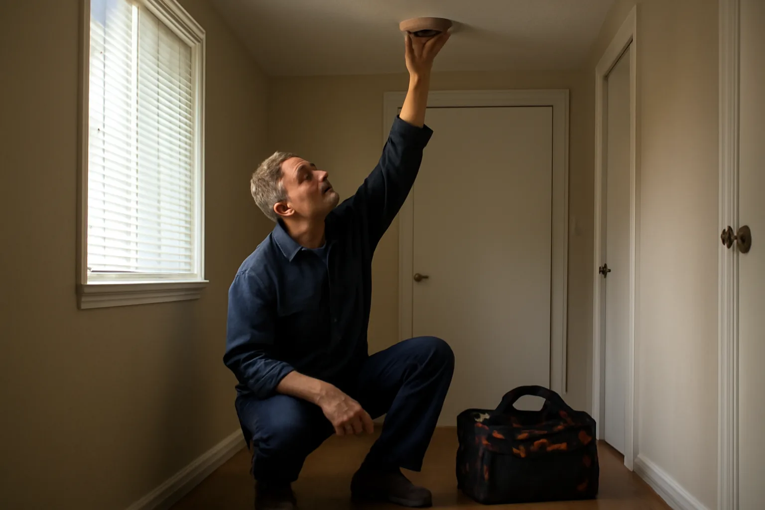 Landlord inspecting a smoke detector during a rental unit walk-through