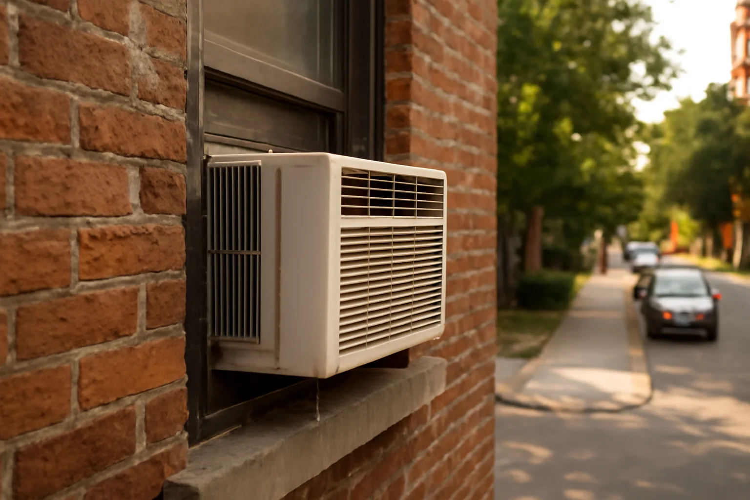 Window air conditioning unit mounted in a brick apartment building in summer heat