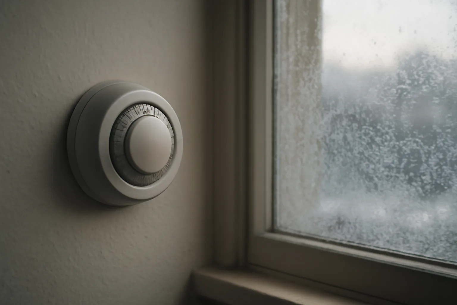 Apartment thermostat dial with frosted window in background illustrating rental heat requirements