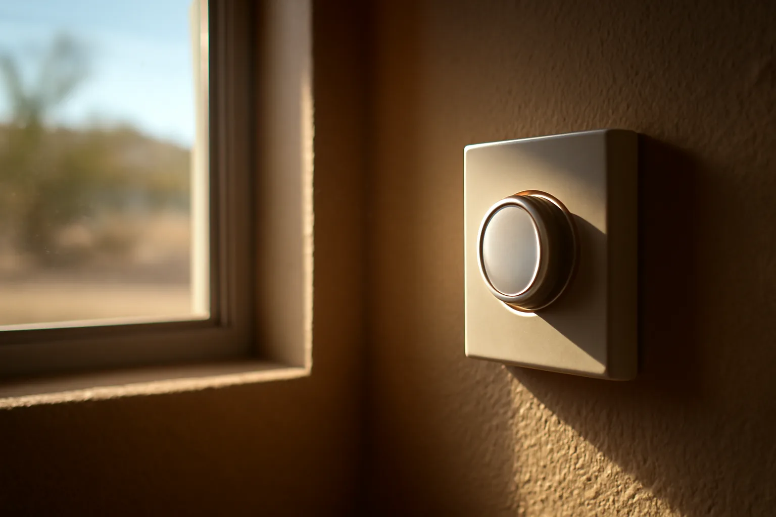 Wall-mounted thermostat in an Arizona rental home lit by afternoon sun