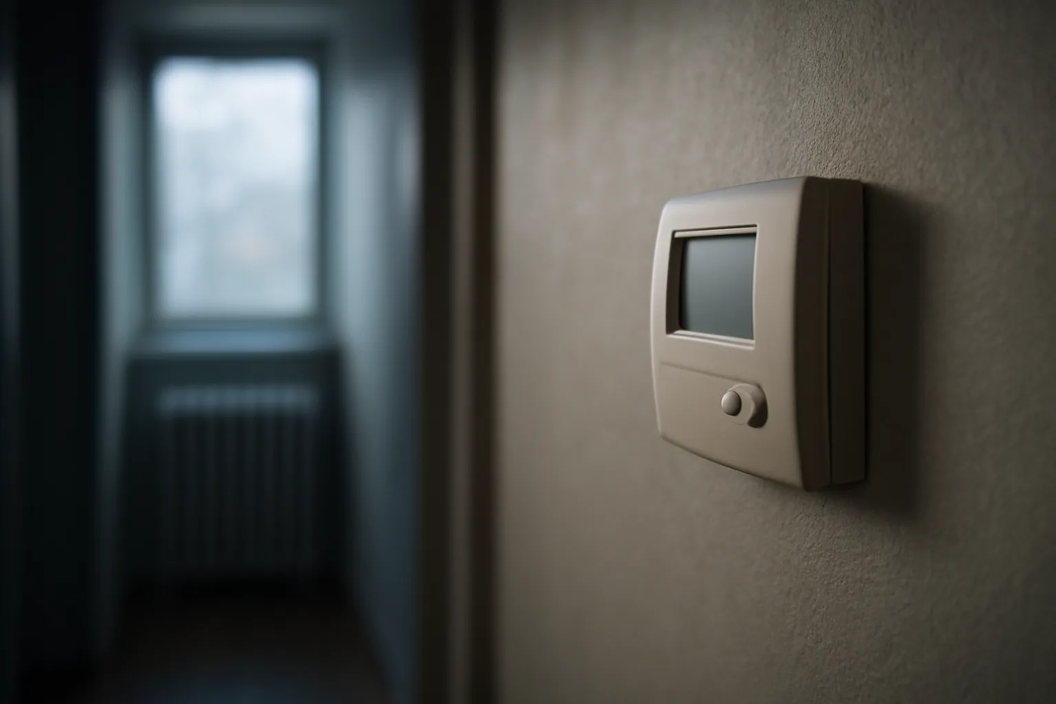 Wall thermostat in an apartment hallway showing required rental heating temperature
