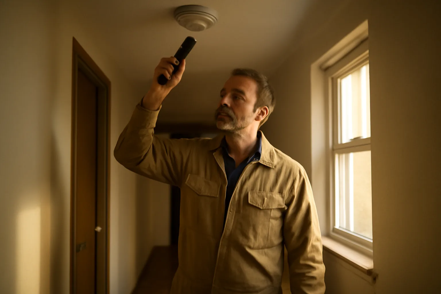 Landlord checking a smoke alarm during a rental house inspection walk-through