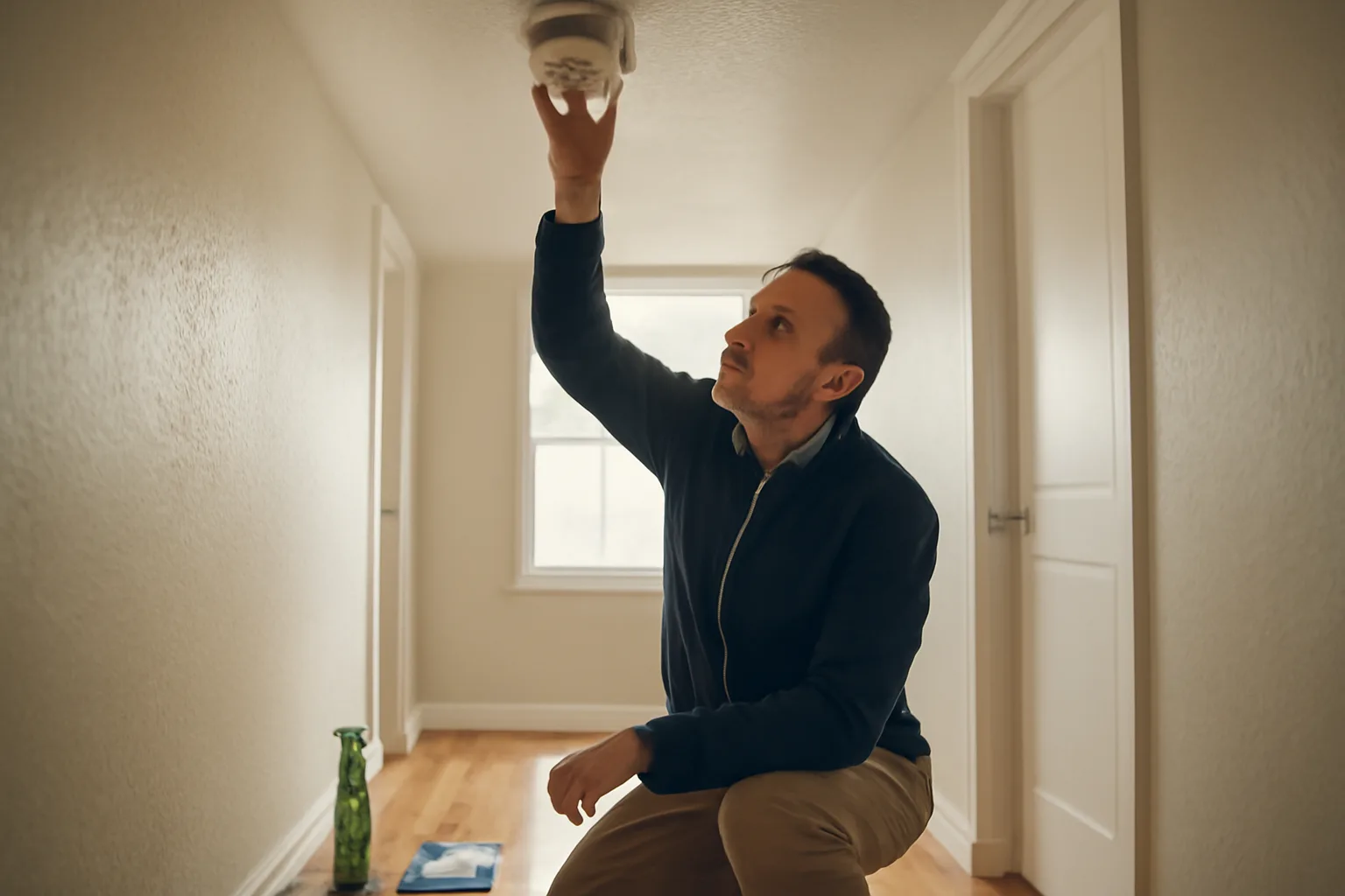 Landlord testing a smoke detector while cleaning before a rental inspection