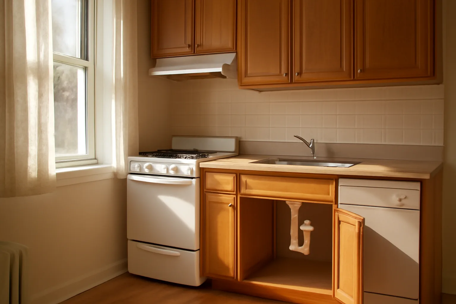 Cleared kitchen counter and open cabinet ready for a rental inspection