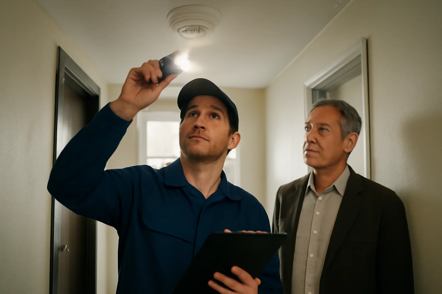 Housing inspector checking a smoke detector during a rental unit inspection