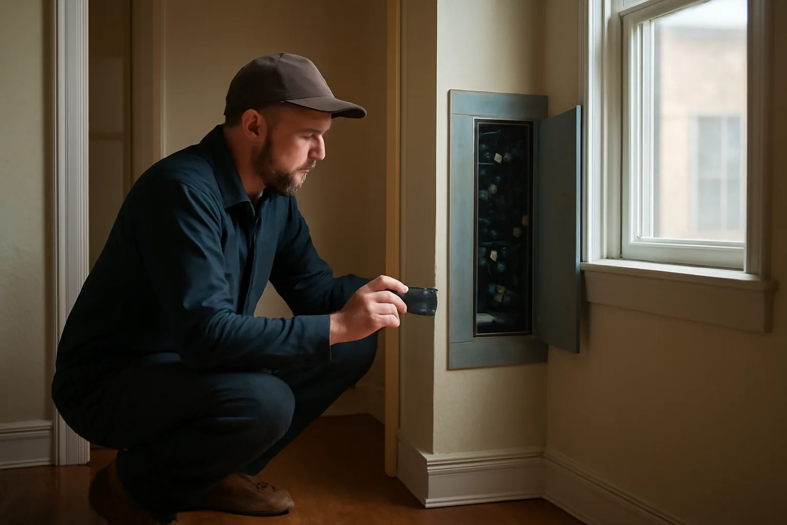 Landlord checking an electrical panel during a rental property inspection walk-through