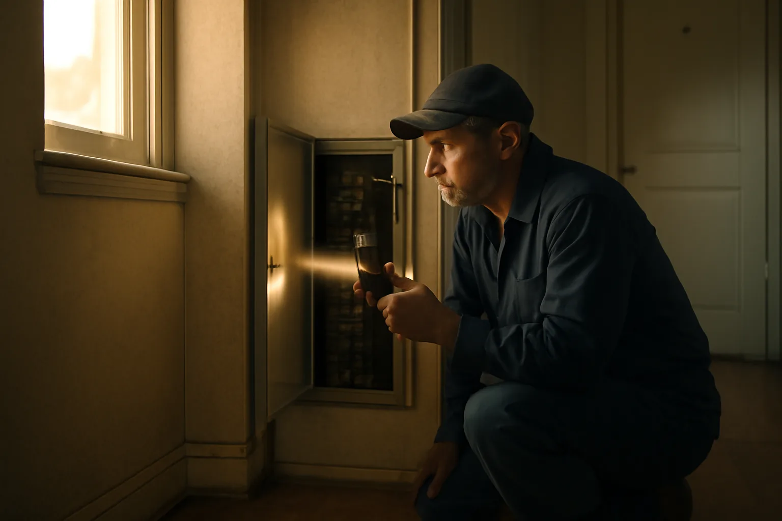 landlord inspecting an open electrical panel in an apartment hallway with a flashlight