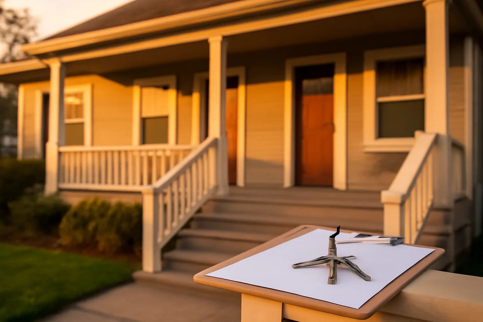 Landlord's keys and clipboard on porch railing of a small rental duplex