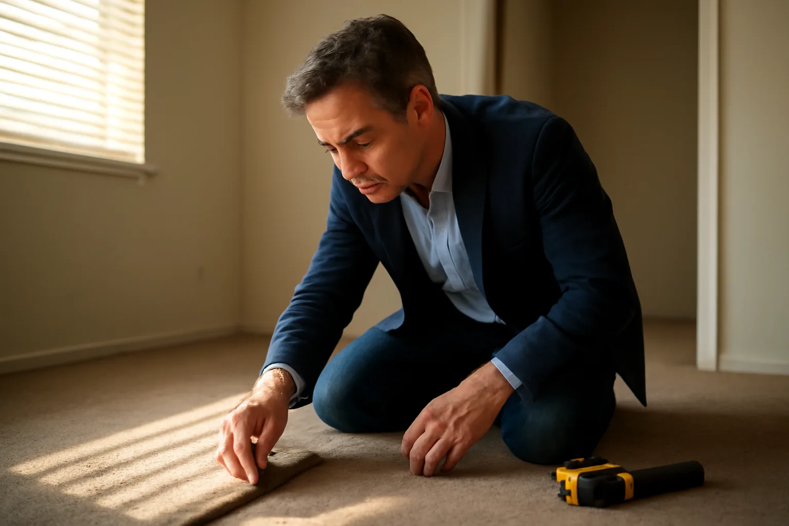 Landlord kneeling to inspect worn carpet edge during a rental unit walkthrough
