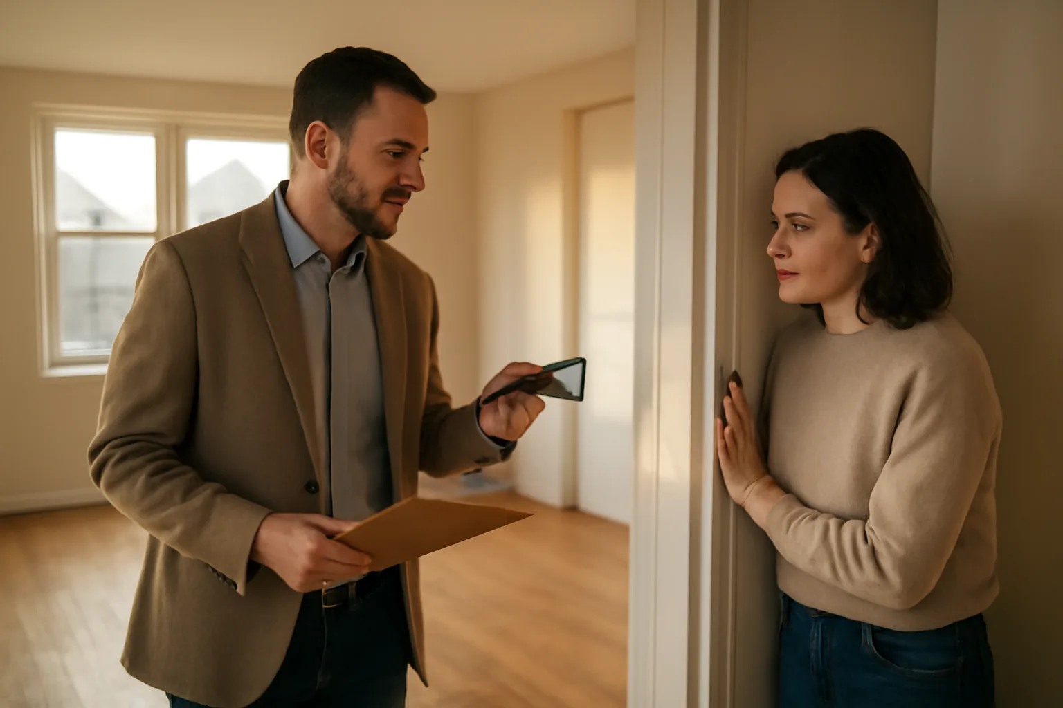 Landlord and tenant doing a move-out walk-through in an empty apartment