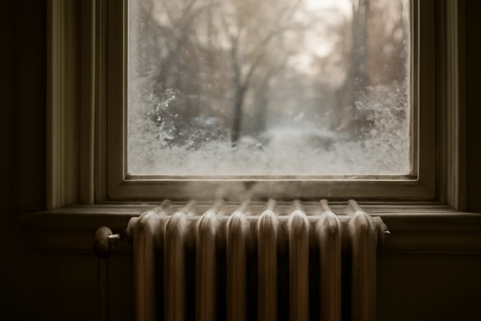 Steam radiator by a frosted window in a Chicago apartment during heating season