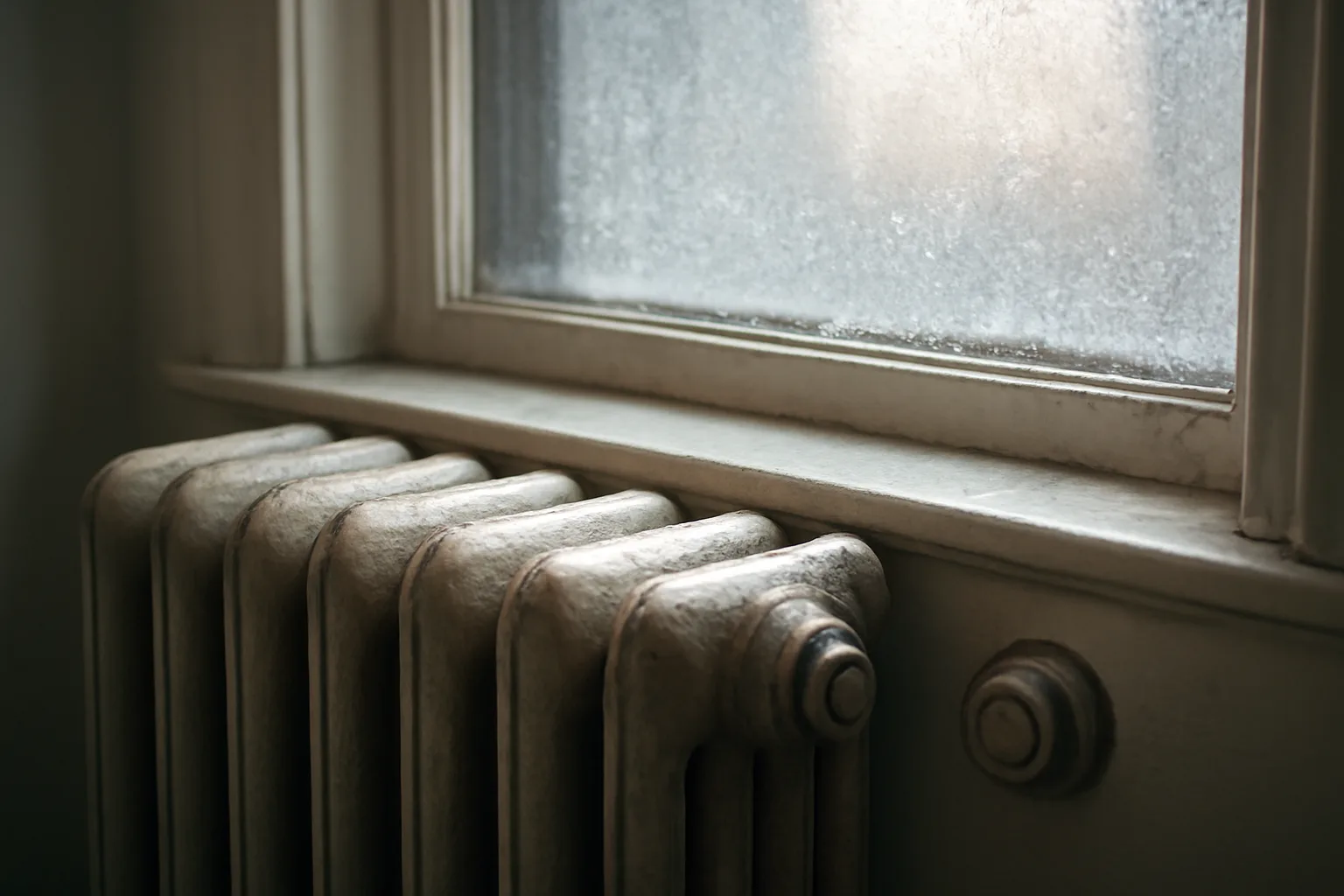 Cast iron radiator by a frosted window showing NJ landlord heat requirements