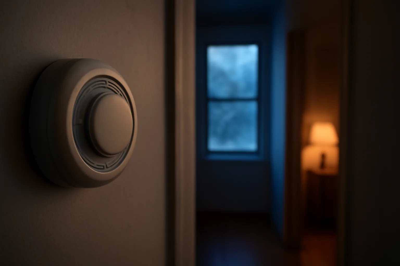 Thermostat dial on an apartment wall during winter evening, illustrating landlord heat requirements