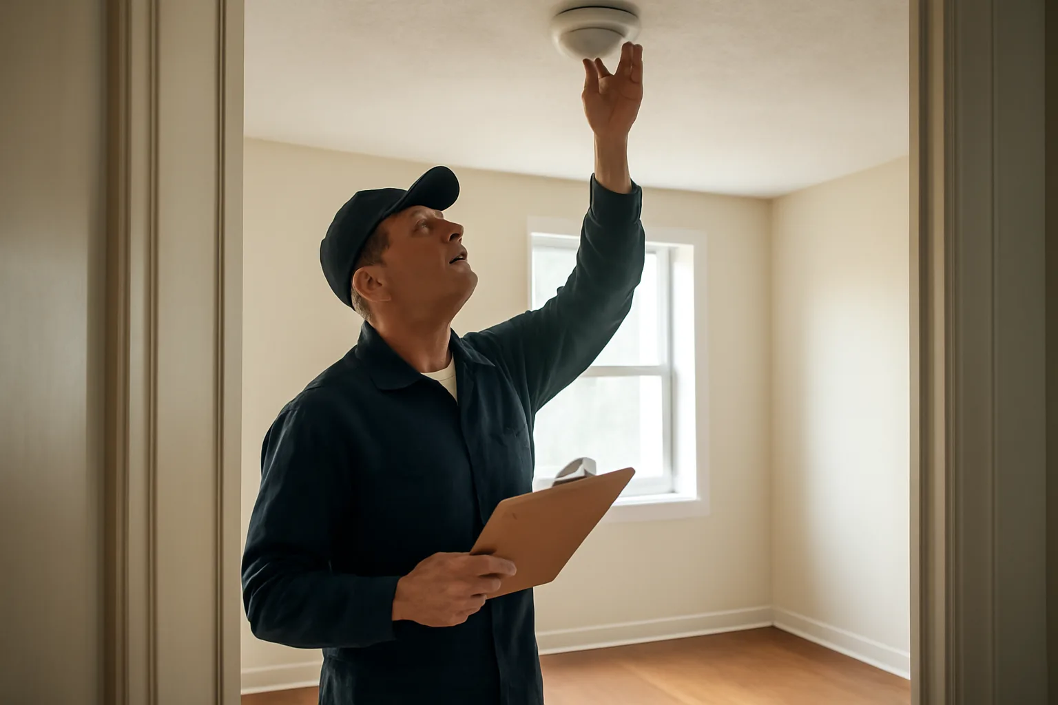 Landlord checking a smoke detector during a rental unit inspection walk-through