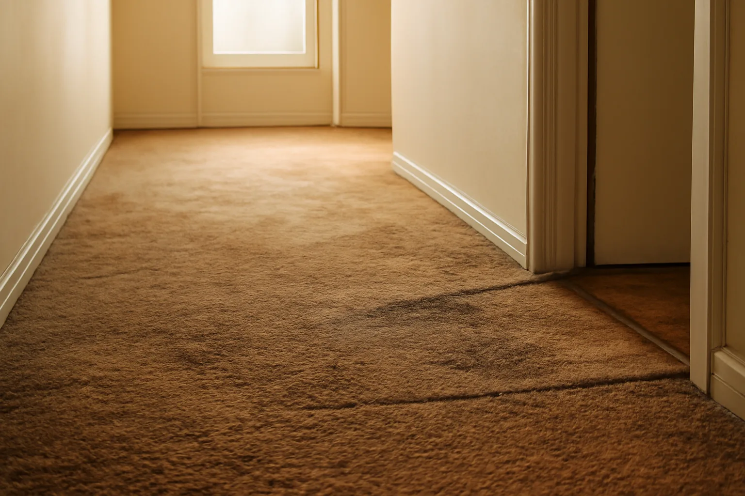 Worn carpet in a rental hallway showing wear patterns near a doorway