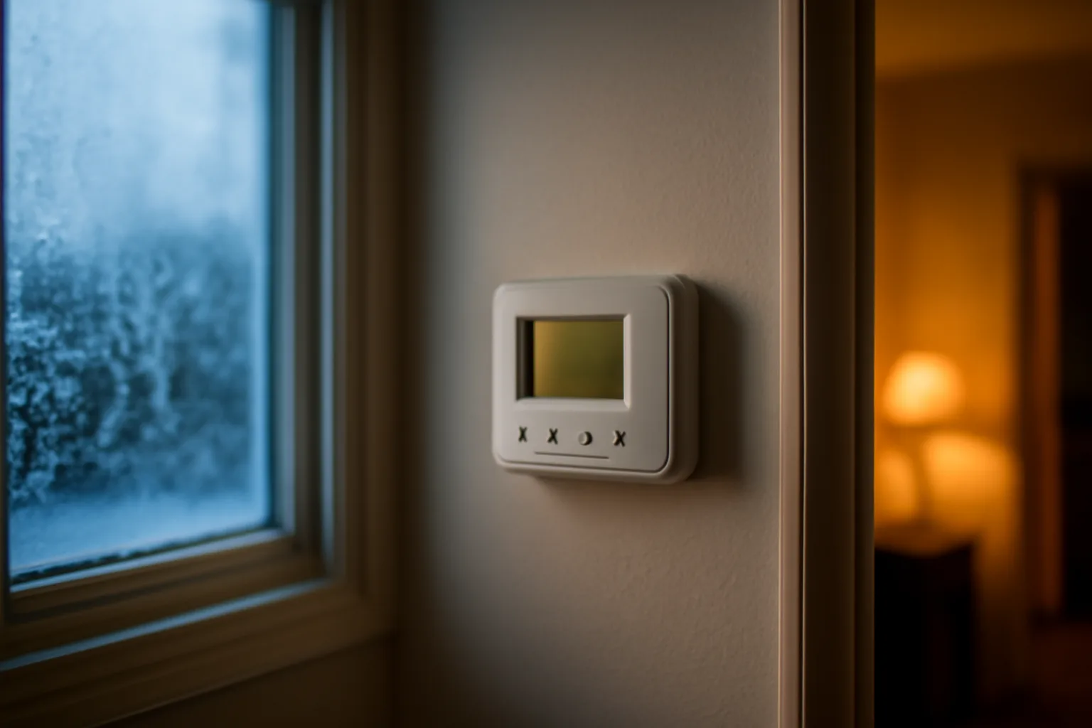 Apartment thermostat and frosted window illustrating when a landlord must provide heat