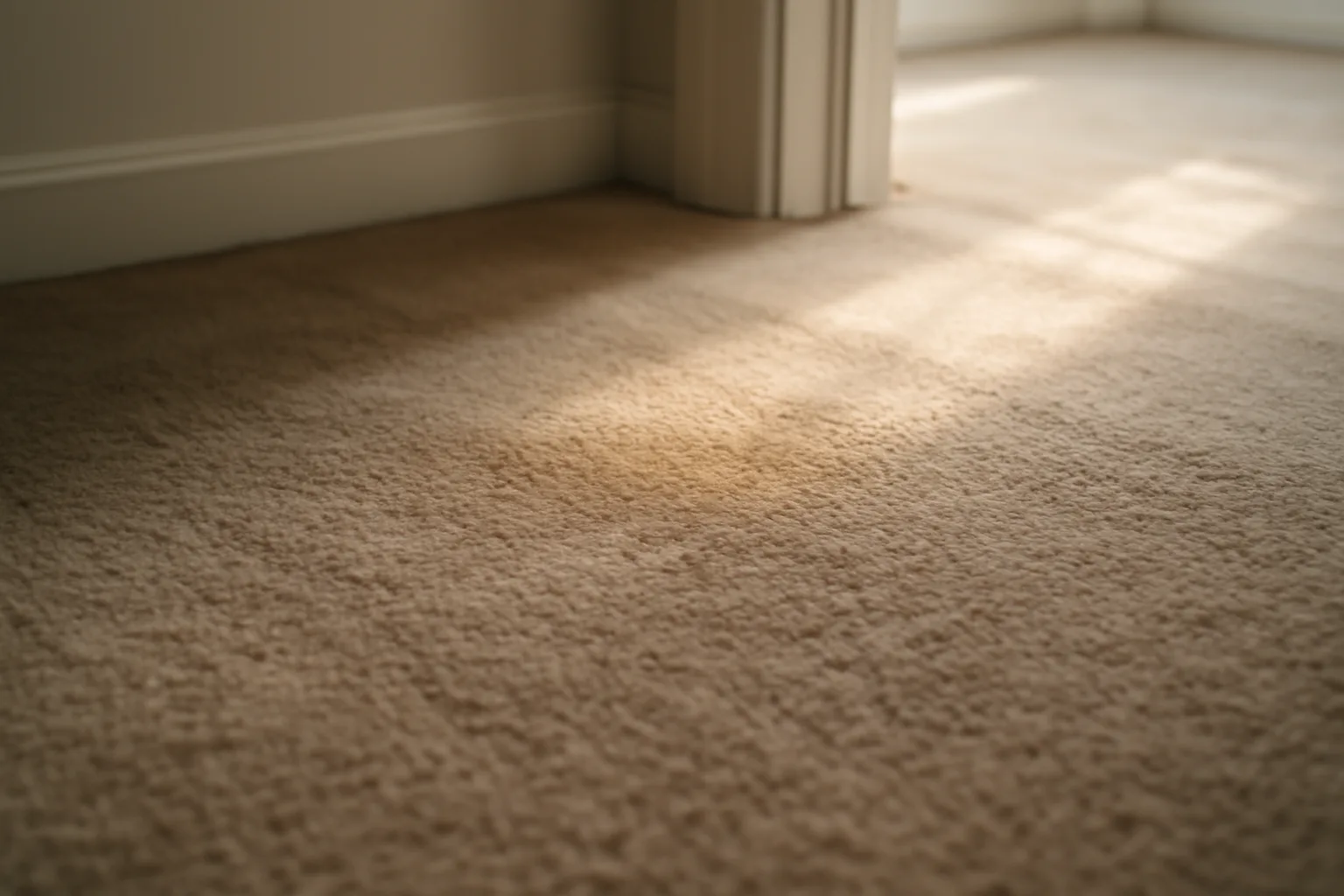 Worn carpet corner in an empty rental bedroom showing wear near the doorway