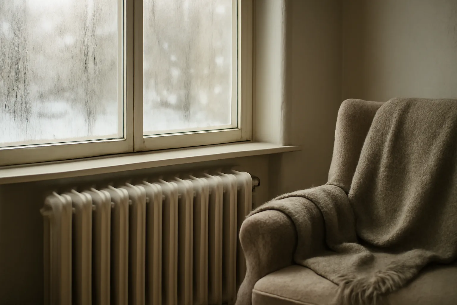 Radiator heating an apartment living room during winter heating season