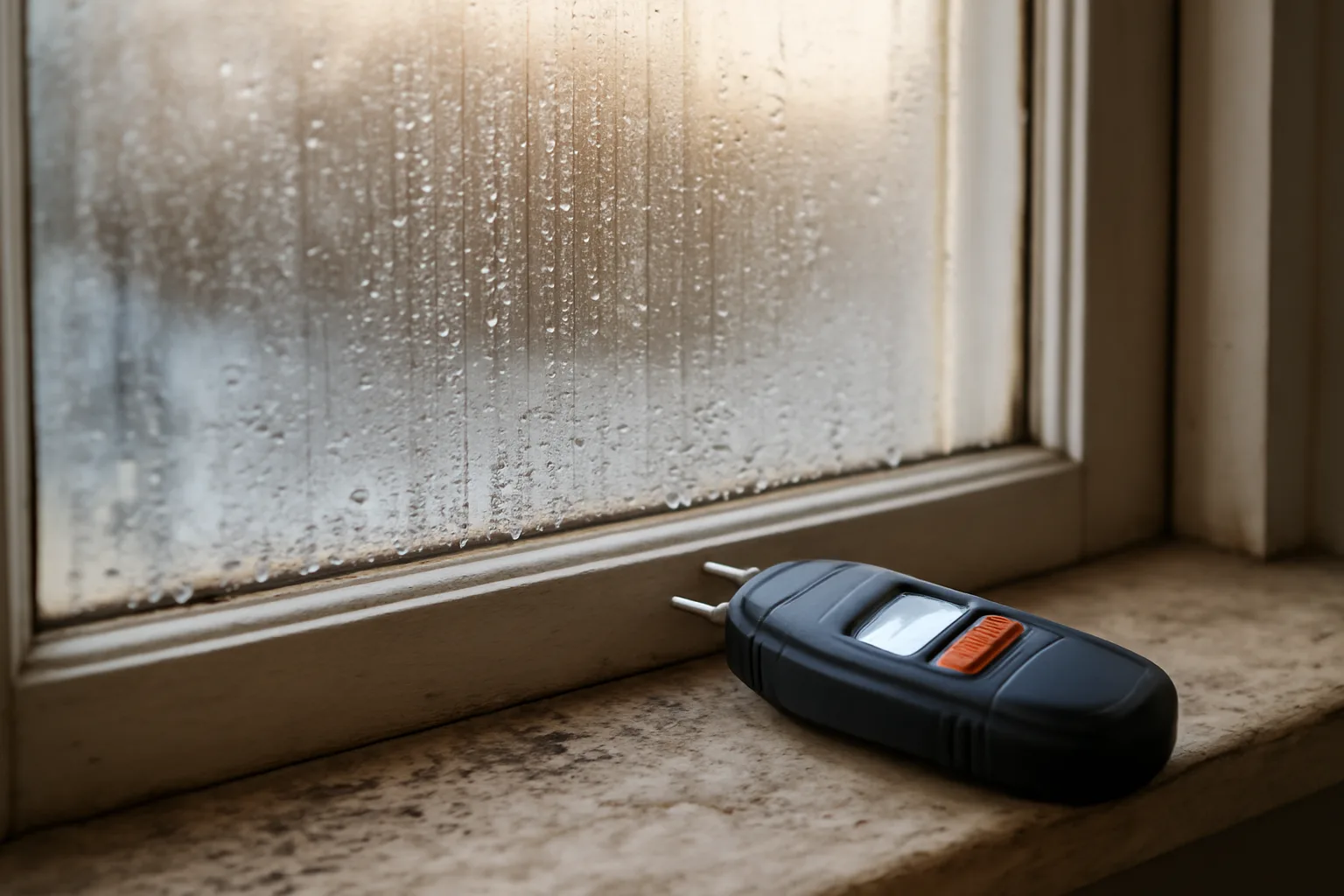 Condensation and mold spots on a rental apartment window sill in winter light