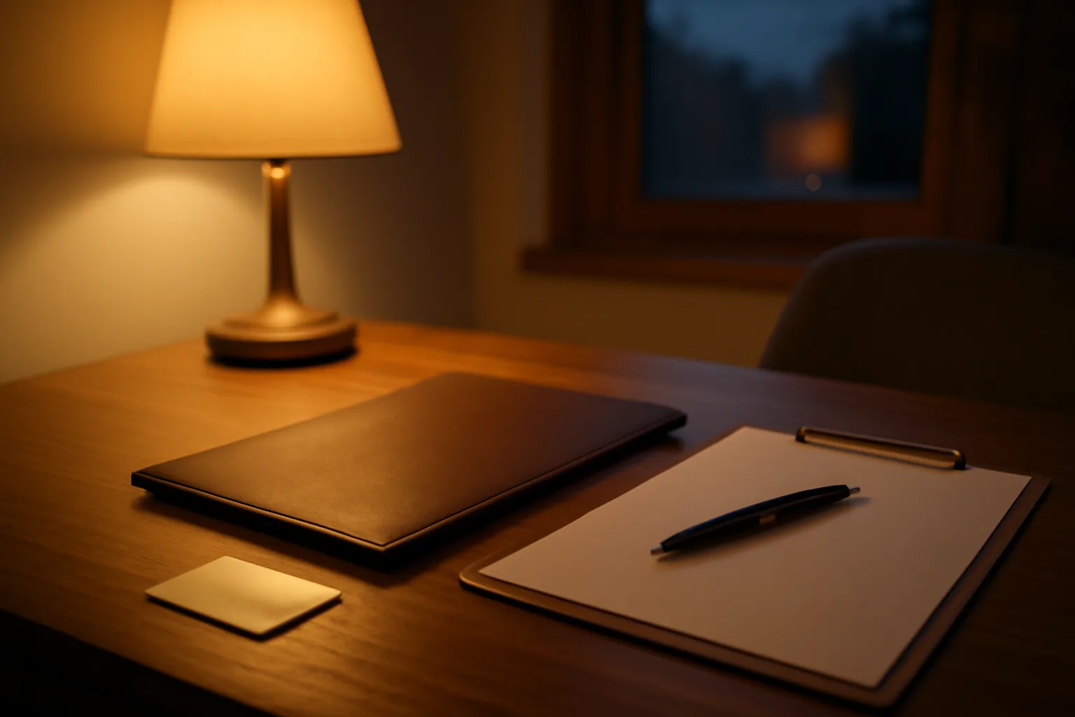 Landlord's desk with a rental application and a photo ID card under lamp light