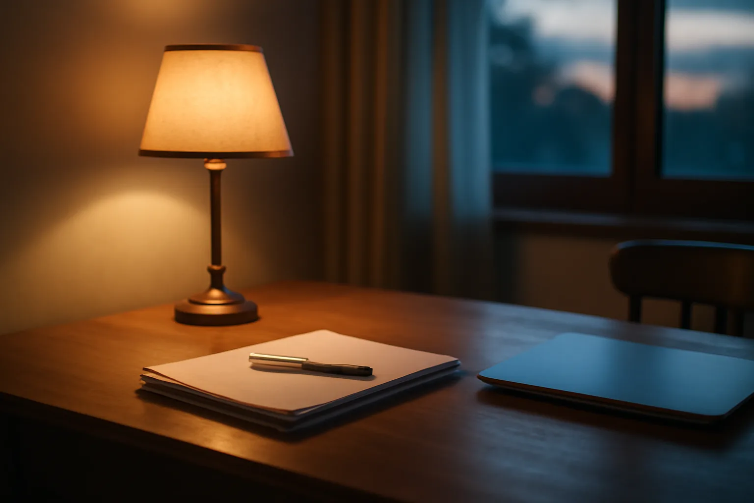 Desk lamp lighting paperwork and a pen during a rental application review at night