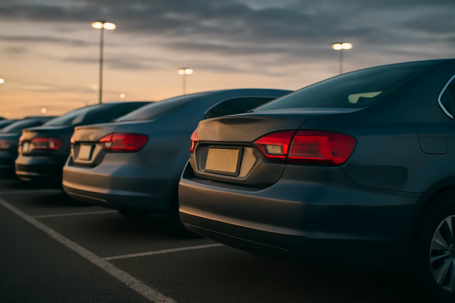 Rear view of parked rental cars showing different license plates in an airport lot