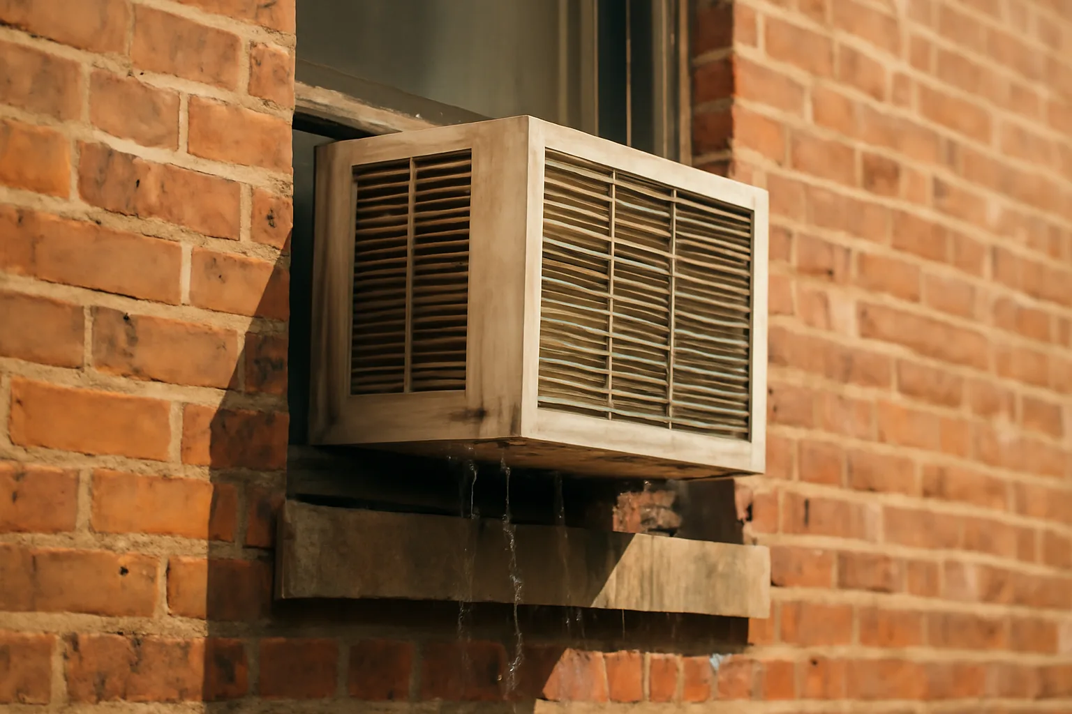 Window air conditioning unit installed in a brick apartment building on a hot day