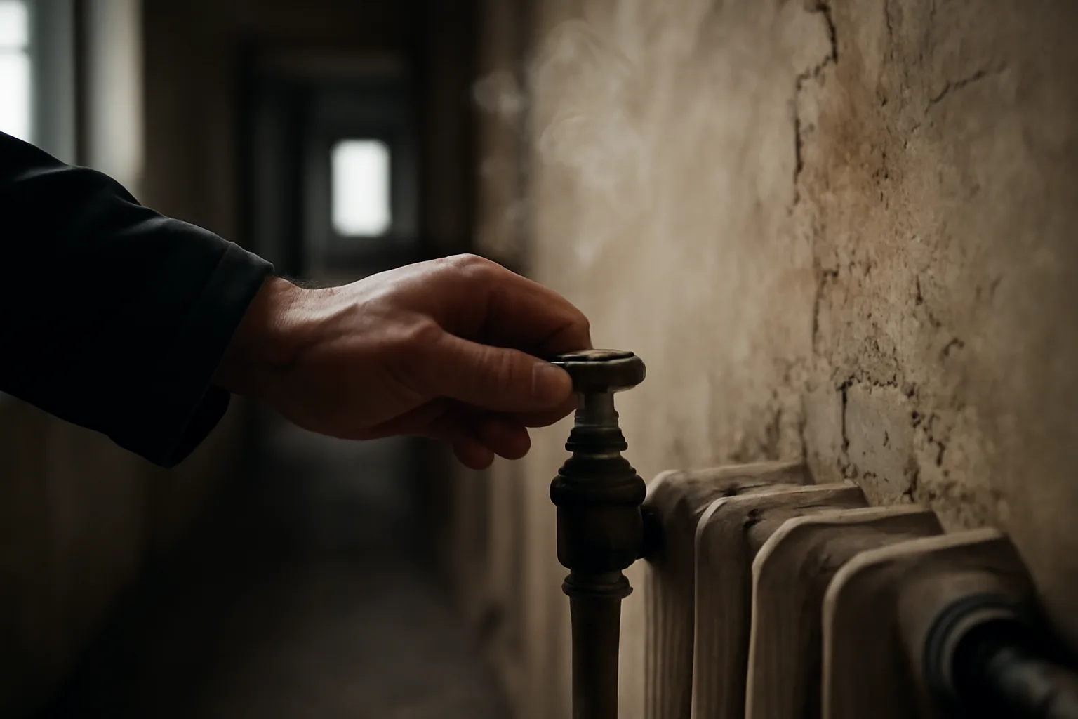 Hand adjusting an apartment radiator valve, illustrating landlord heat requirements in winter