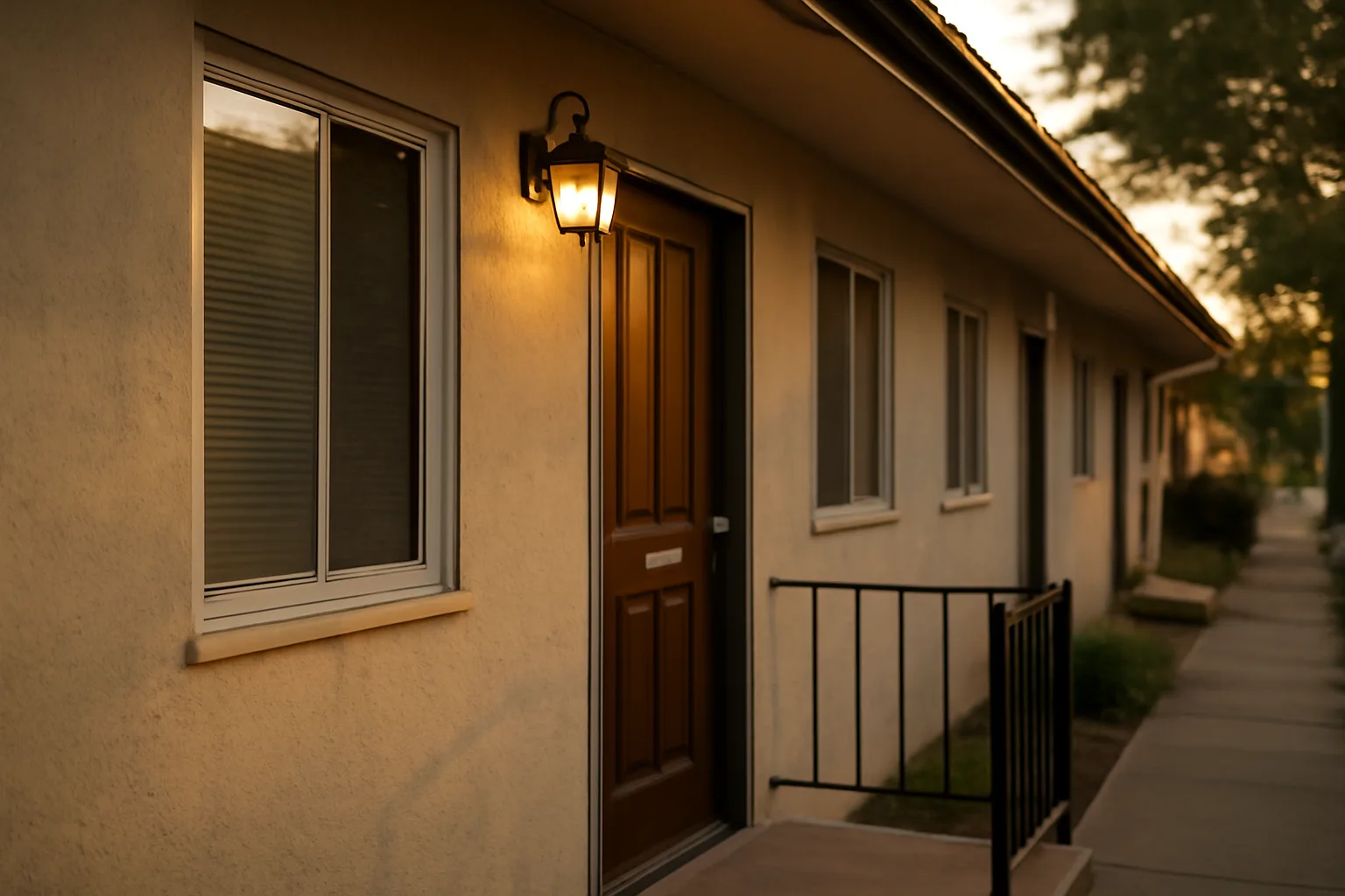 Front door of a small rental apartment building in late afternoon light