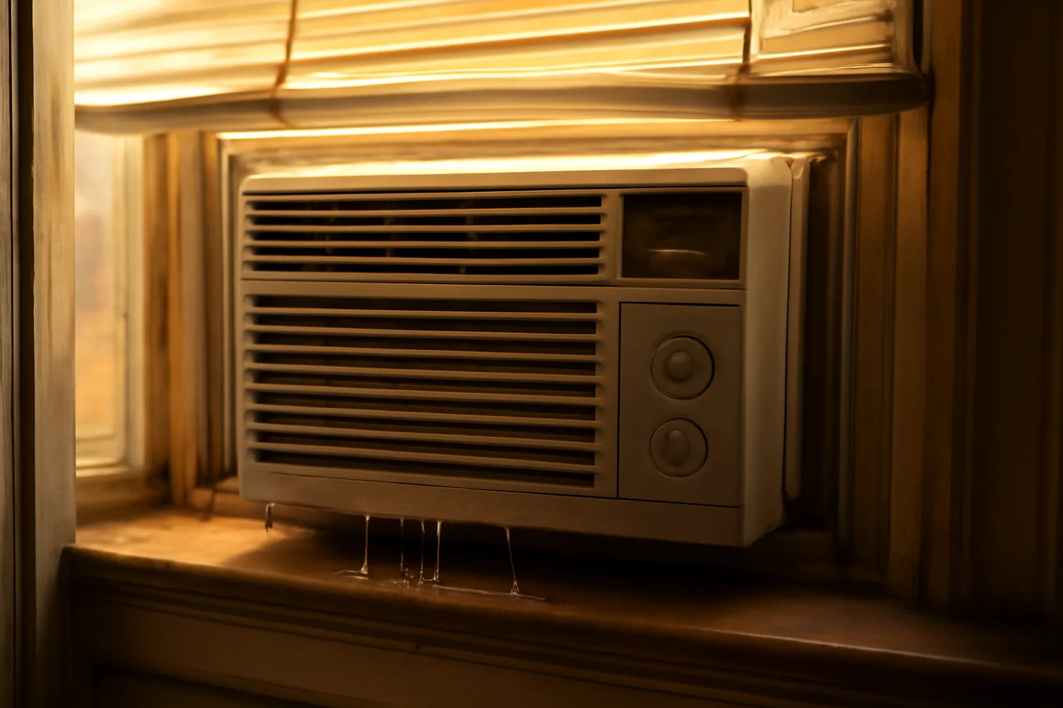 Window air conditioning unit installed in an apartment window during summer