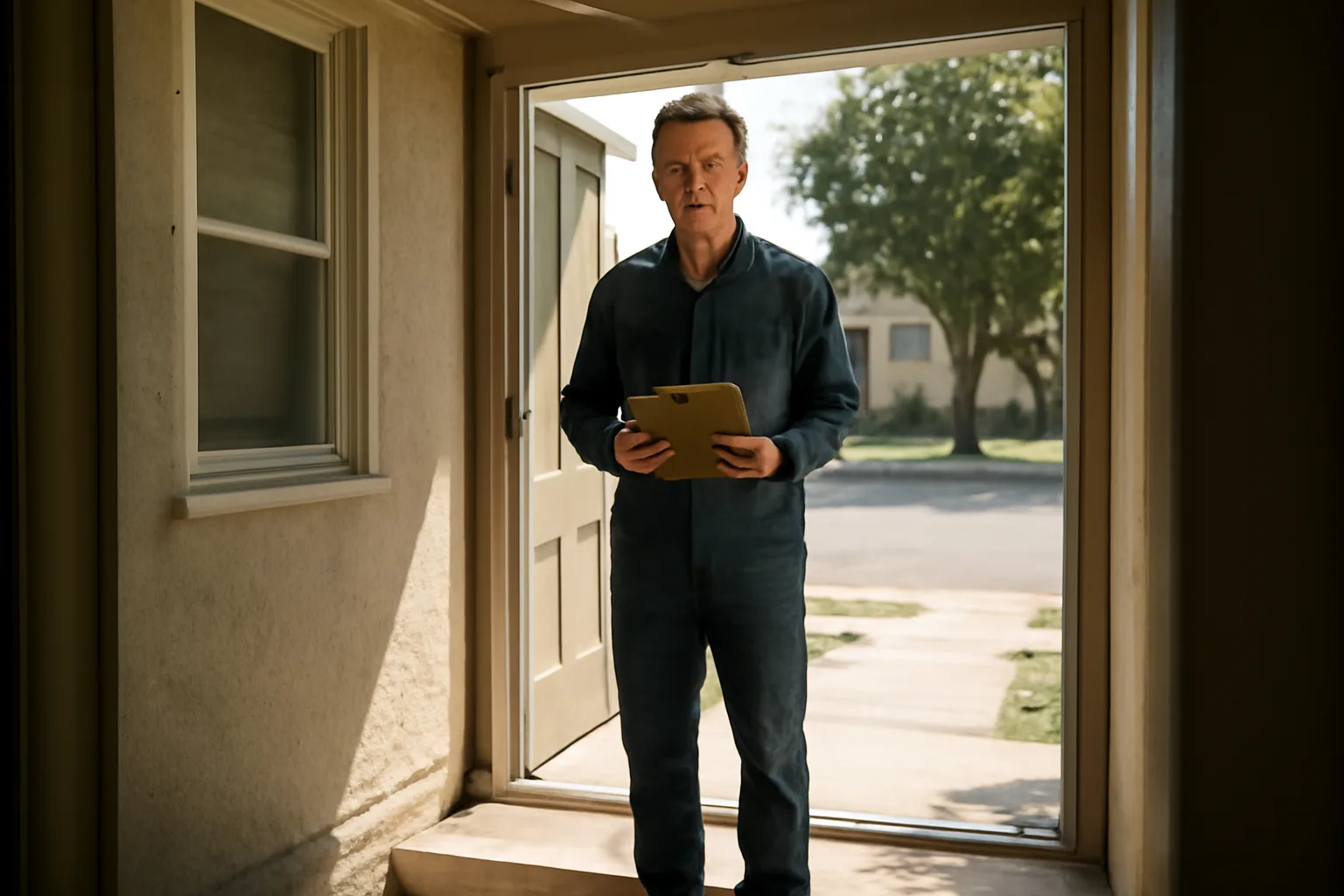 Landlord standing at a rental unit's front door before entering with notice