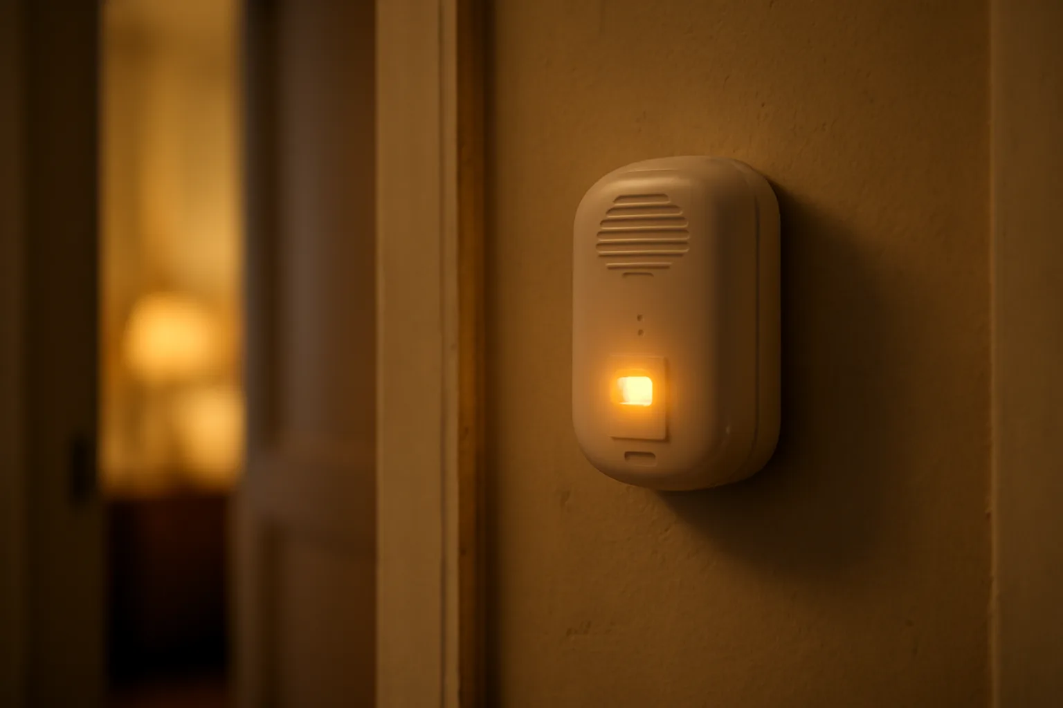 Carbon monoxide detector mounted on a wall near a rental apartment bedroom door