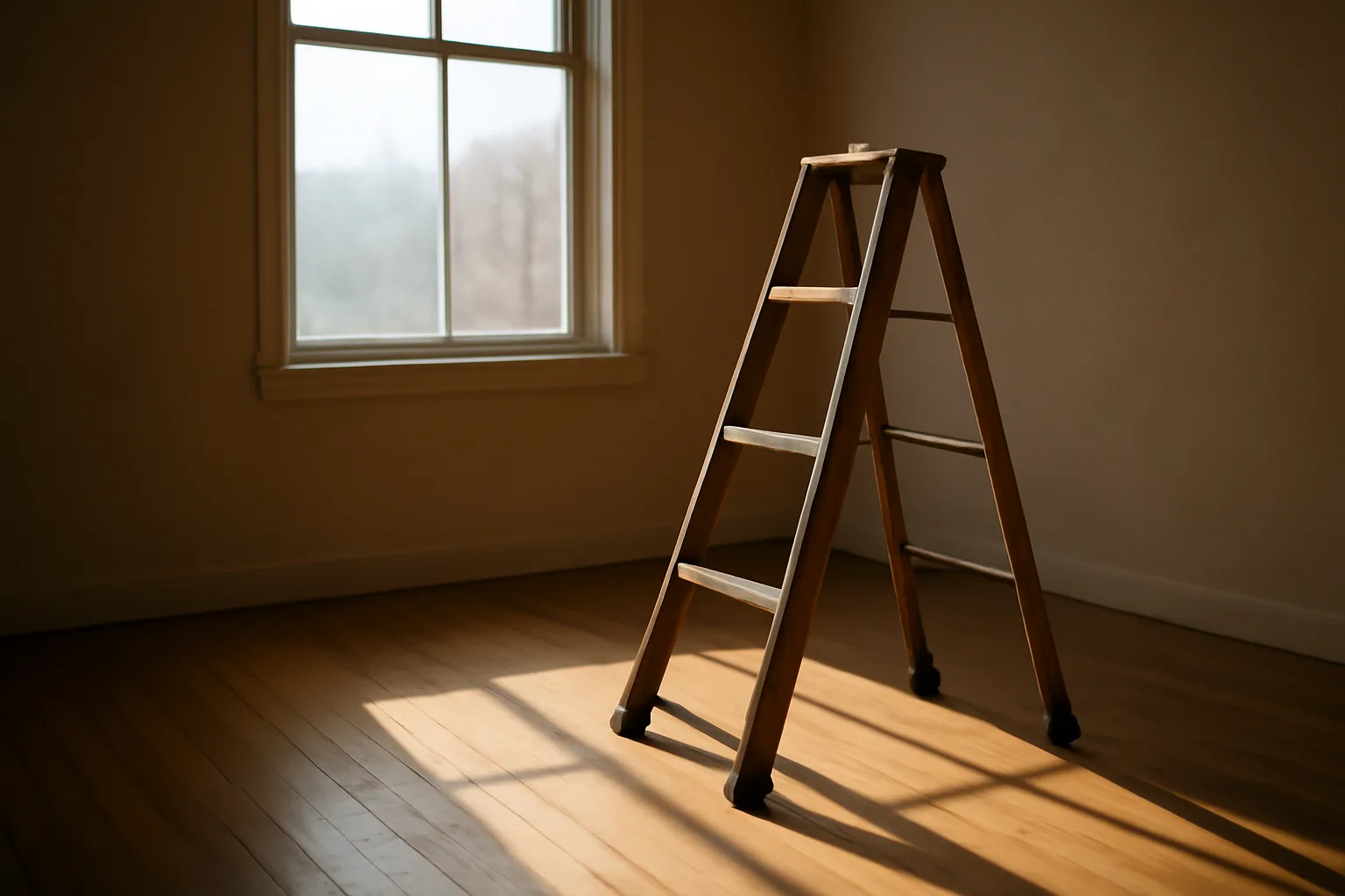 Empty rental apartment window without blinds, afternoon light on wood floor