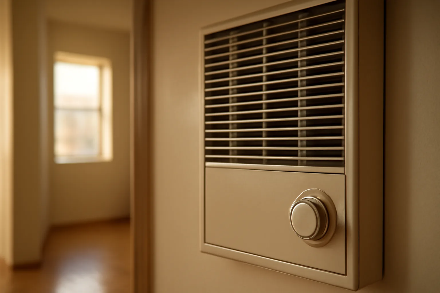 Close-up of a wall furnace heater in a California rental apartment hallway