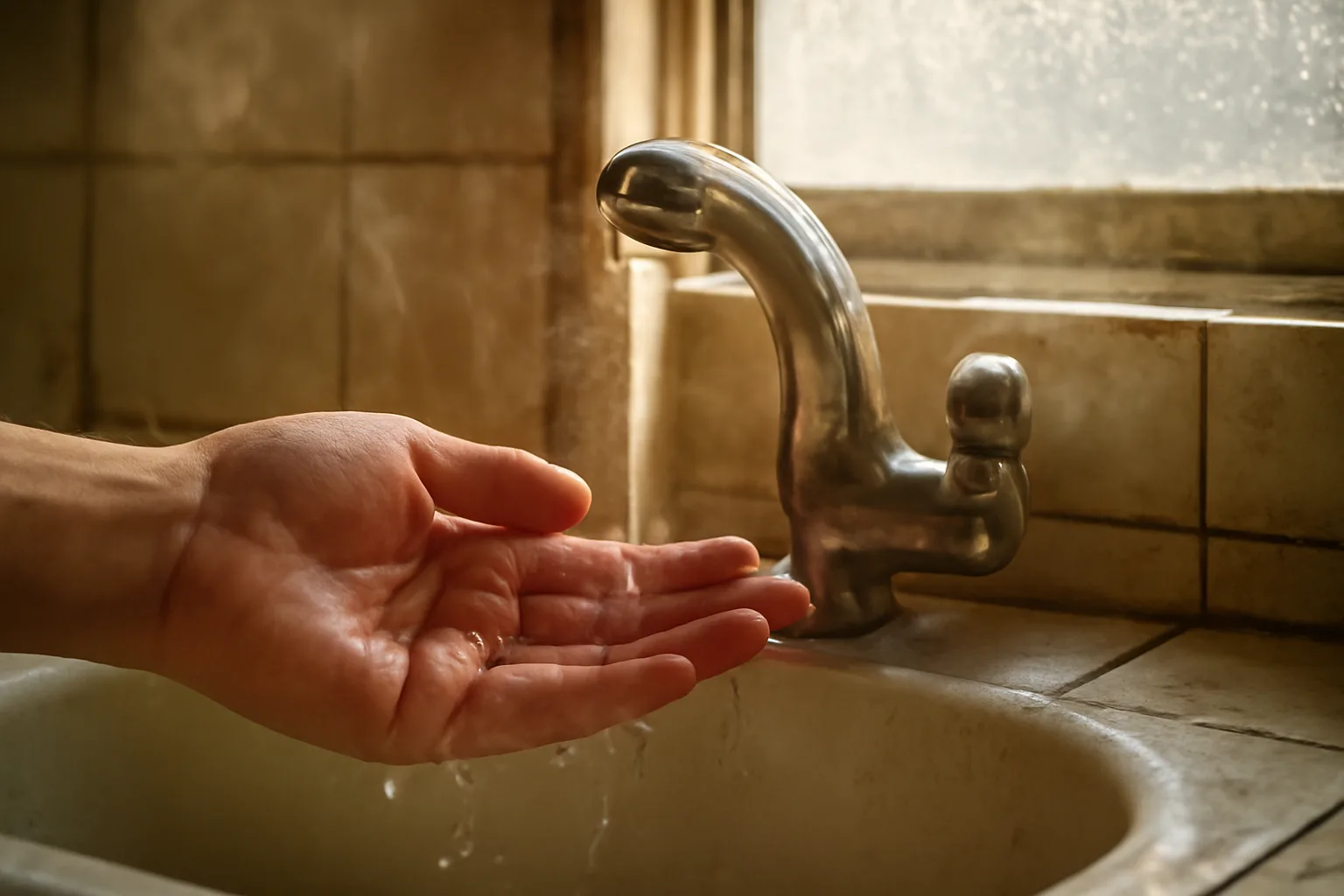 Hand testing hot water temperature under a running bathroom sink faucet
