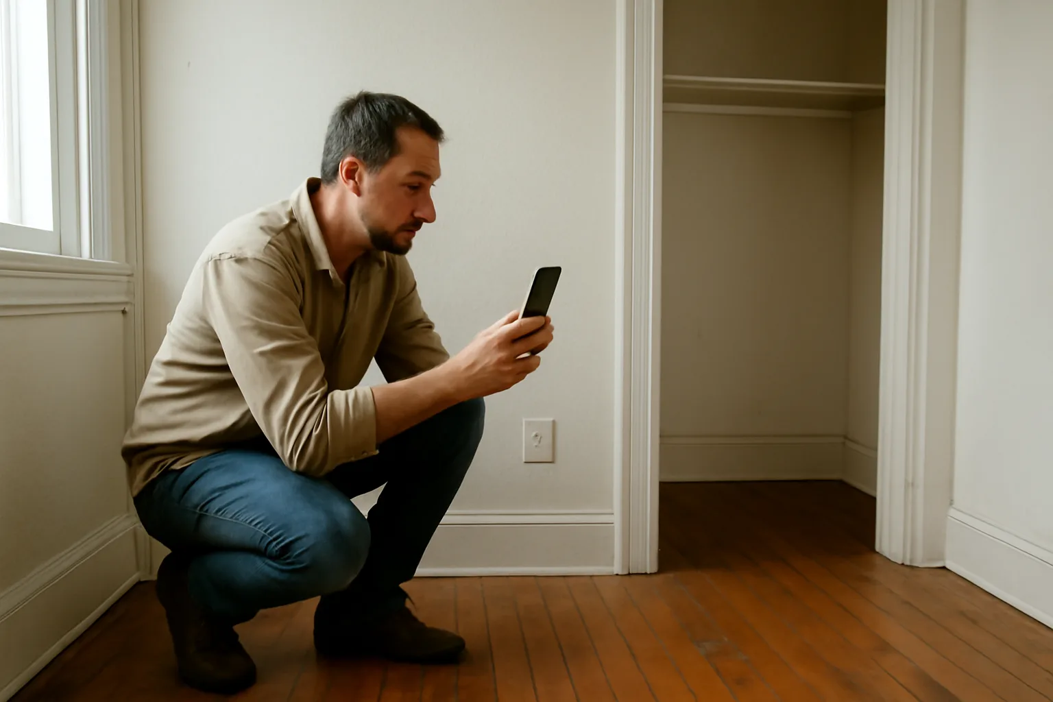 Landlord using a smartphone to document rental unit condition during an inspection walkthrough