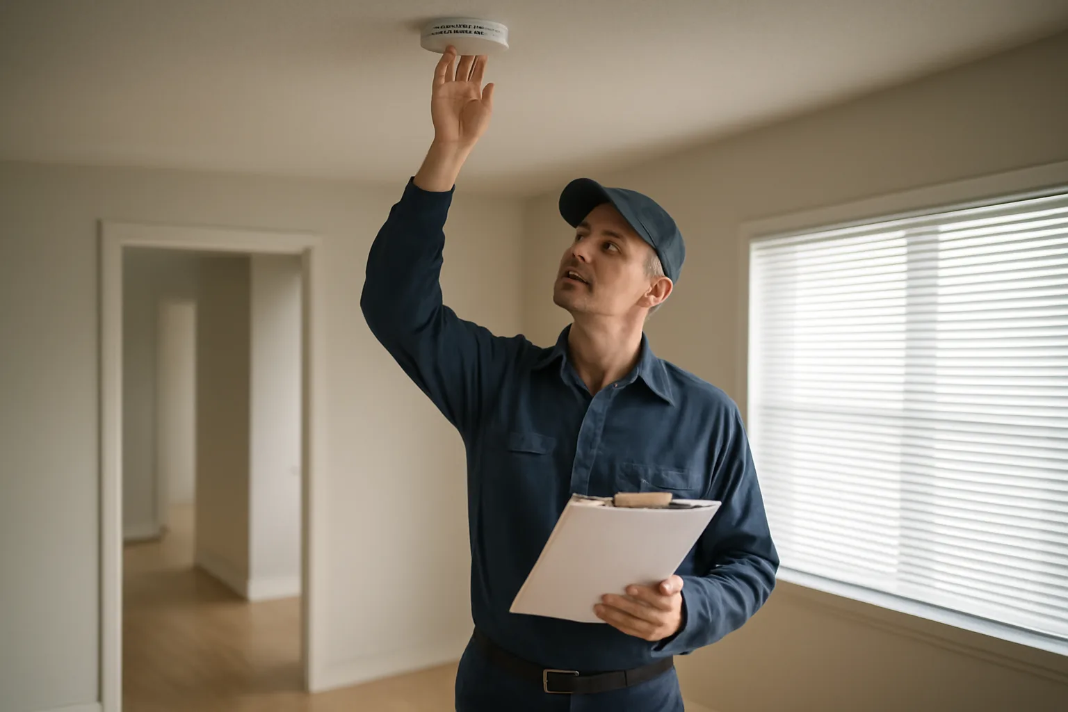 Landlord checking a smoke detector during a rental license inspection walk-through