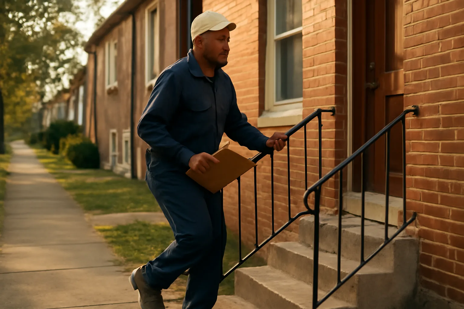 Landlord walking up porch steps of a small rental duplex holding a clipboard during a daytime visit