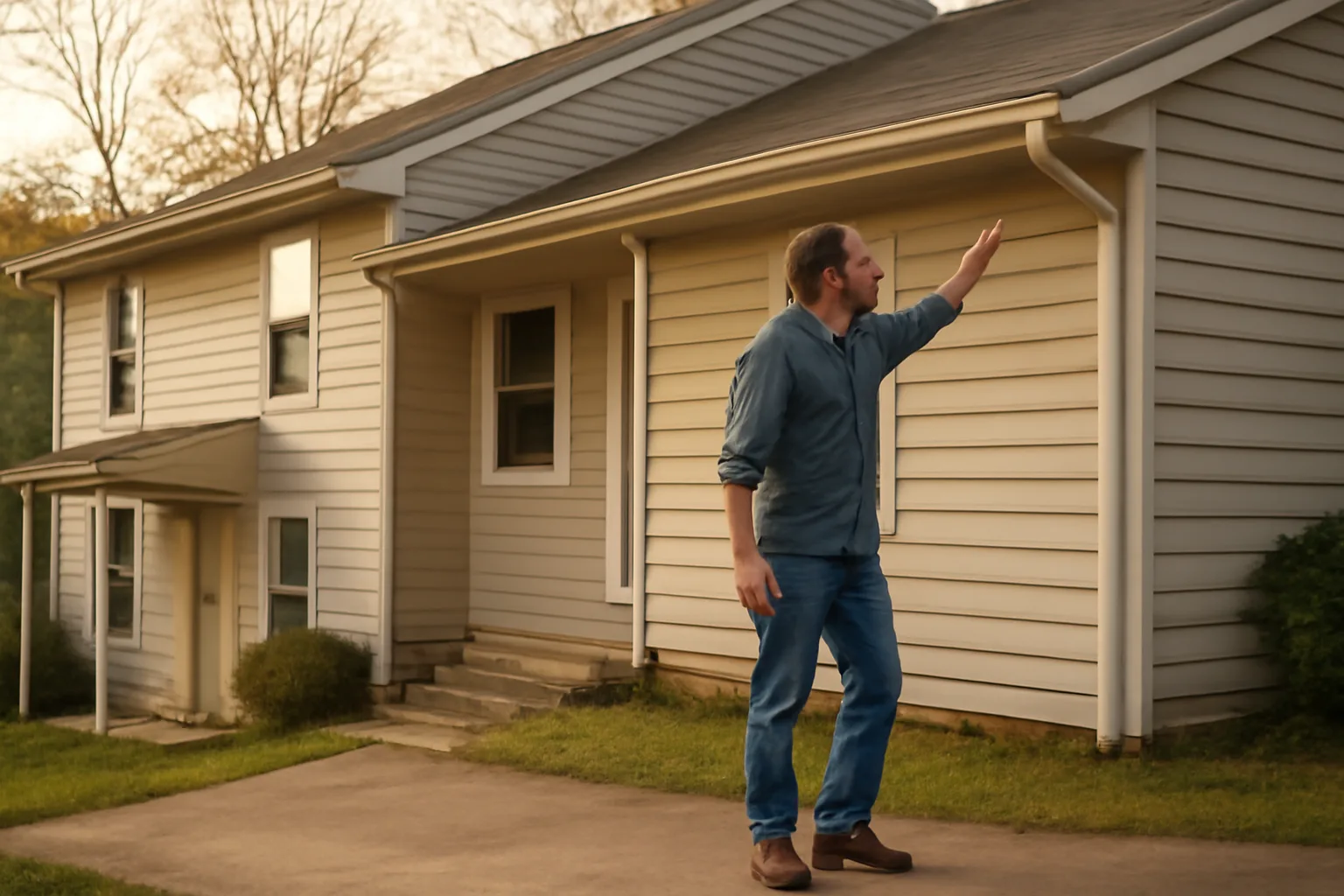 Inspector walking up to a suburban rental duplex during a property check
