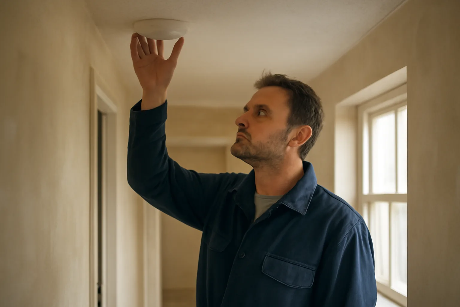 Landlord inspecting a smoke detector during a rental property habitability check