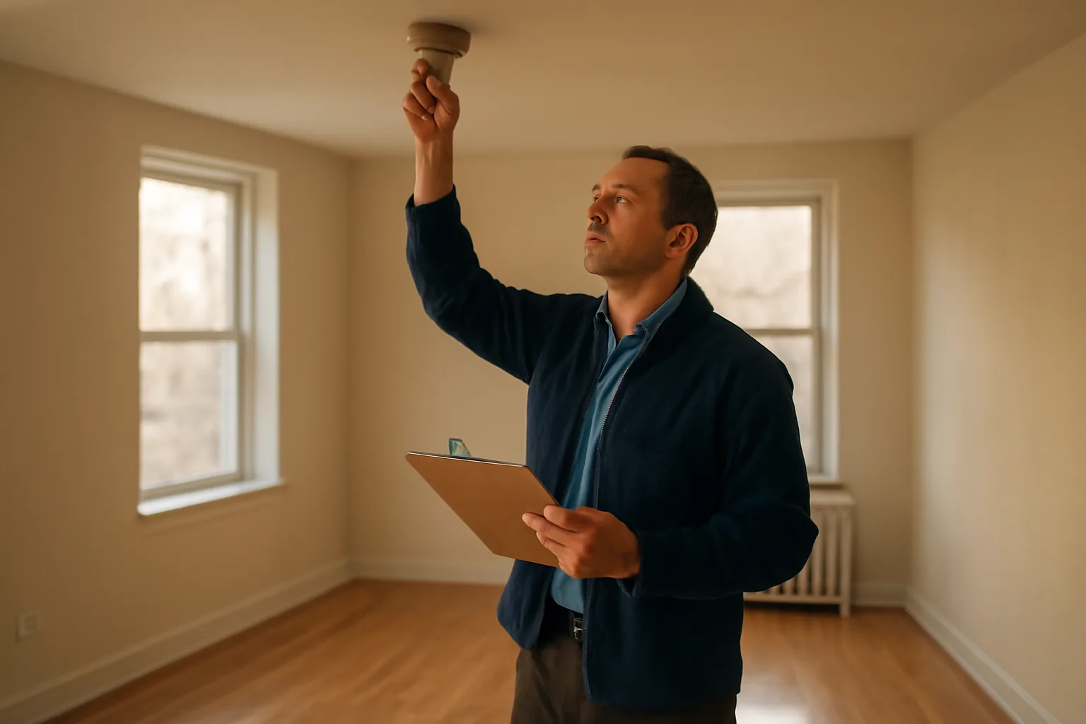 Landlord inspecting a smoke detector during a rental unit walk-through