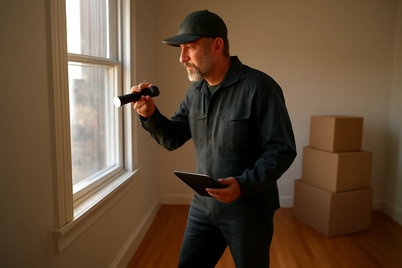 Landlord inspecting window and floor in an empty rental unit before a tenant moves in