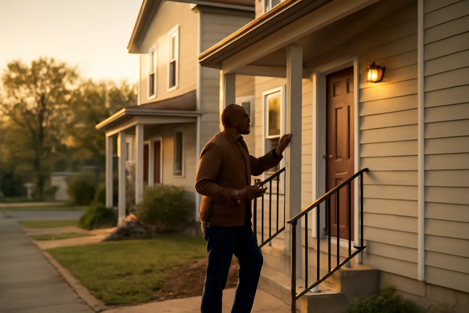 Landlord inspecting a smoke detector during a rental property walk-through at dusk