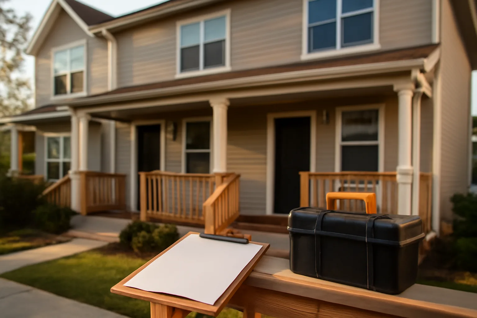 Duplex rental exterior with clipboard and toolbox on porch railing, no visible text