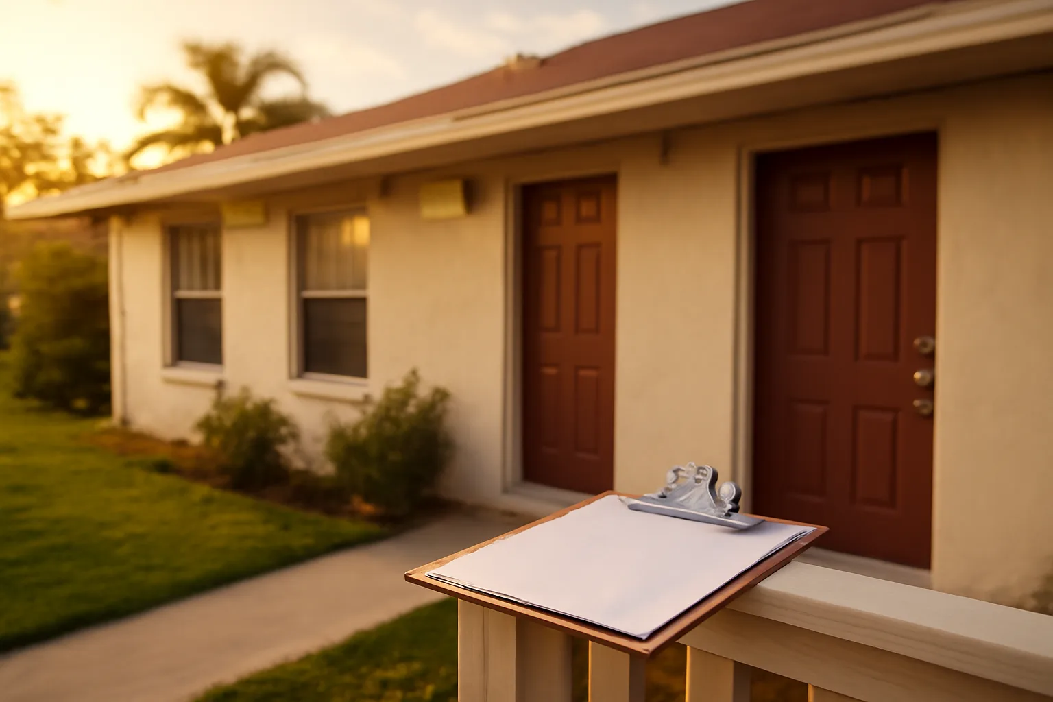 Florida rental duplex porch at dusk representing landlord licensing and inspection topics