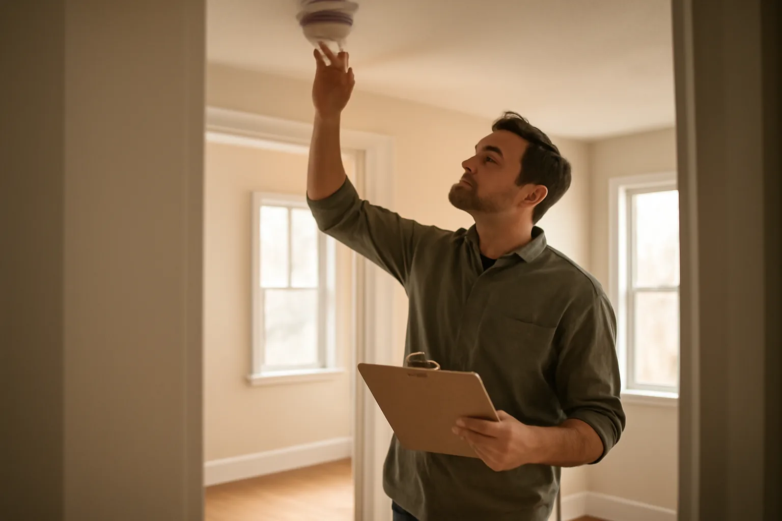 landlord checking smoke detector during a rental unit walk-through inspection