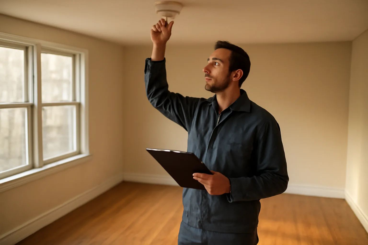 Landlord checking a smoke detector during a rental unit walk-through inspection